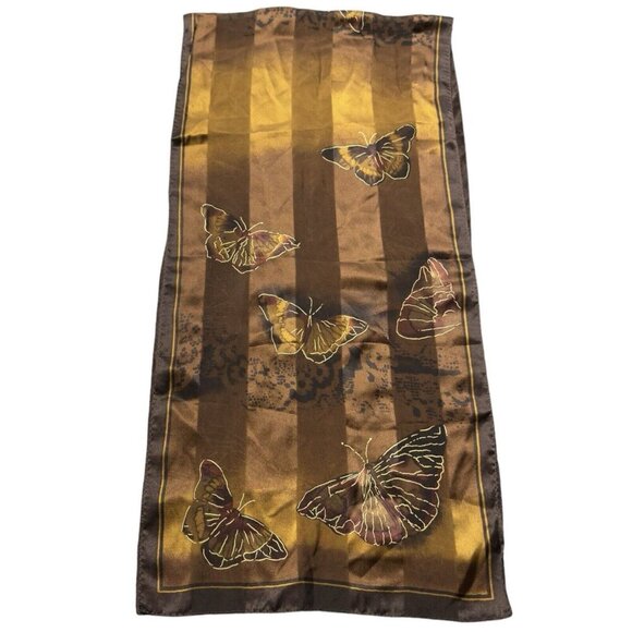 Vintage Luxury Fashion Silk Scarf Brown Striped Butterfly 56 x 26” Whimsy Fairy - Picture 2 of 5